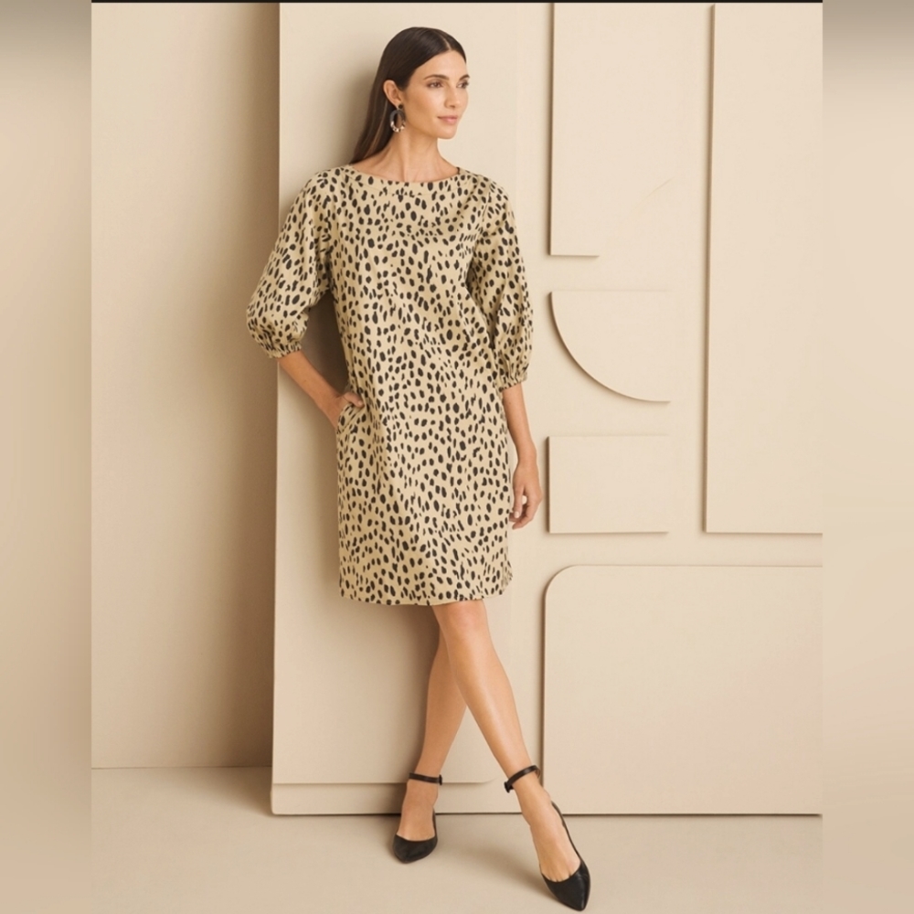 CHICOS Cheetah-Print Poplin Poet-Sleeve Dress NWT